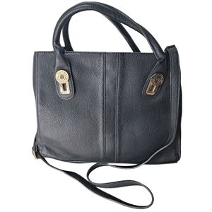 Tommy Hilfiger Black and Gold Satchel Handbag with Textured Faux Leather